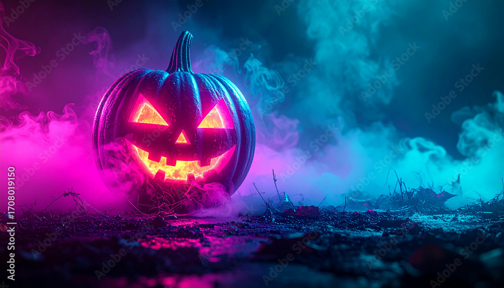 Naklejka premium Glowing Halloween pumpkin with carved face surrounded by colorful smoke on a dark ground.