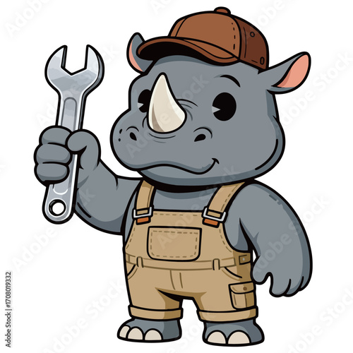 A skilled and charming cartoon illustration of a rhinoceros mechanic mascot, wearing a cap and overalls, holding up a large metal wrench.