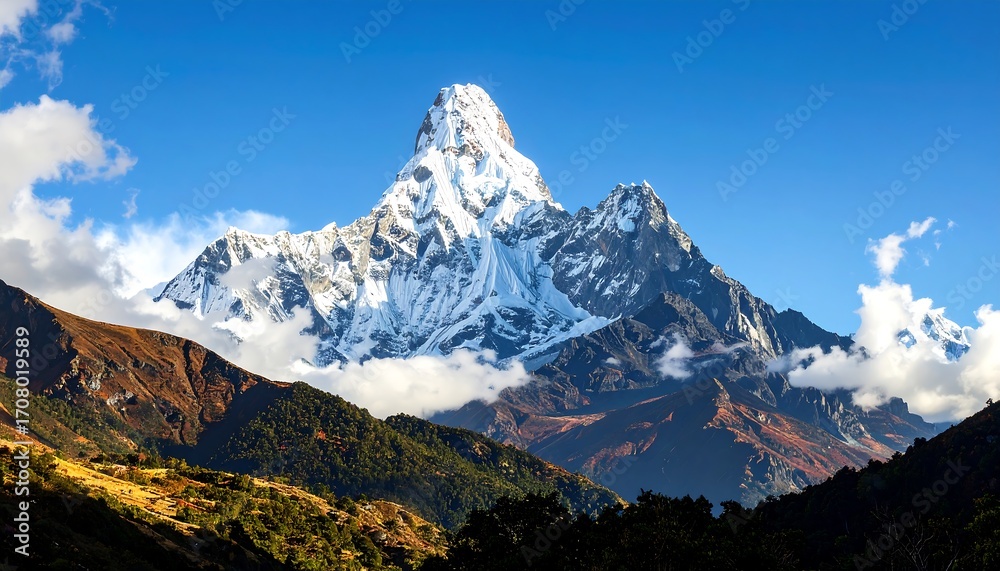 Fototapeta premium Majestic snow-capped mountain peaks pierce through clouds, scenic view, blue sky background