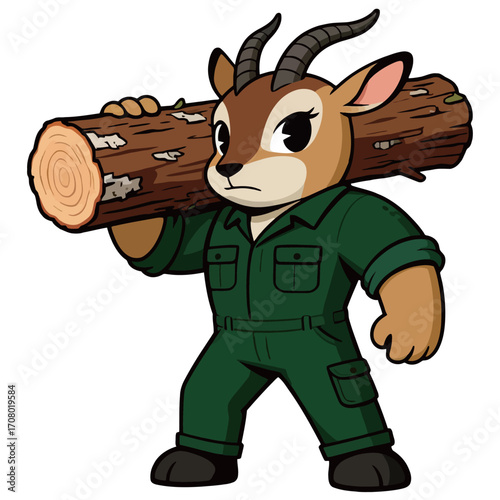 A strong and serious cartoon illustration of a gazelle mascot, wearing a green jumpsuit, carrying a heavy wooden log on its shoulder.