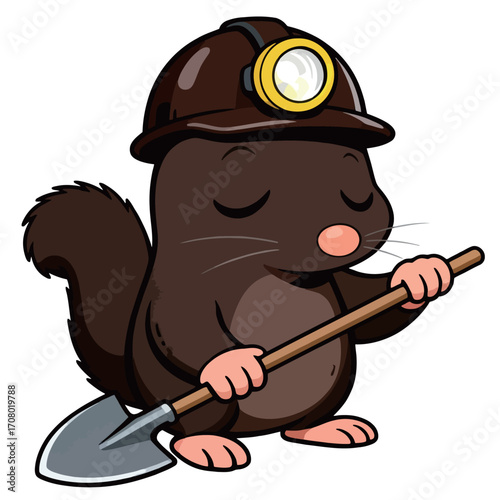 A focused and hardworking cartoon illustration of a mole mascot, wearing a hard hat with a headlamp, holding a shovel and digging.