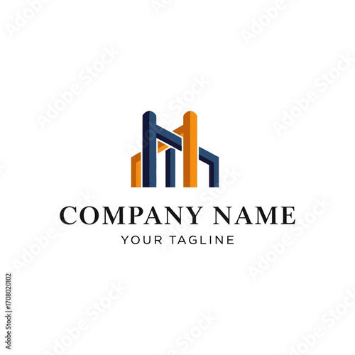 A modern logo design featuring abstract building structures with a roof-like element, accompanied by company name and slogan text.