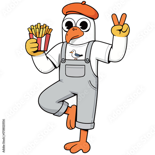 A joyful and quirky cartoon illustration of a seagull mascot, with an orange beret and grey overalls, standing on one leg and holding french fries while making a peace sign.