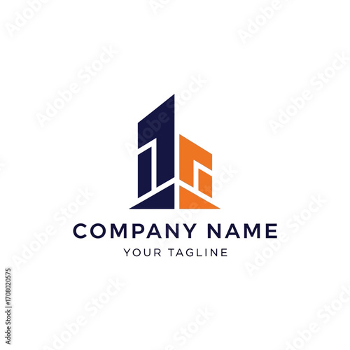Modern logo design featuring two interconnected buildings, in navy blue and orange, suitable for a construction or real estate company.