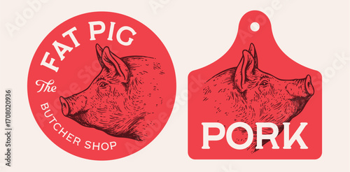 Pork, pig, hog, meat tag label. Template Meat Tag Label. Vintage print, tag, label farm pig sketch ink pencil style drawing. Butchery, pork pig farm, meat shop, text, typography. Vector Illustration