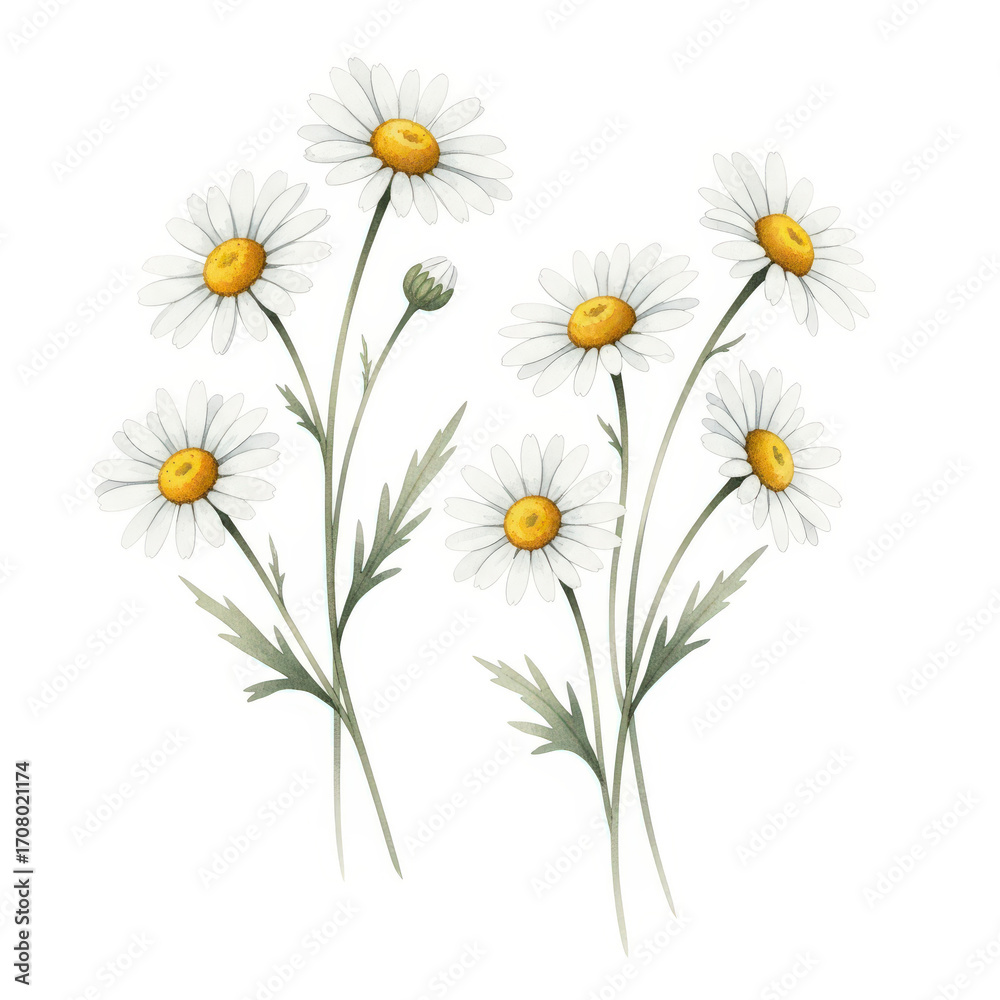 Fototapeta premium Delicate Watercolor Daisies on White Background A Serene Botanical Illustration with Detailed Floral Elements and Soft Textures Perfect for Springtime Designs