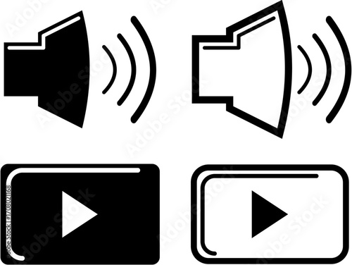 A set of four black and white vector icons for media playback. The set includes two styles of speaker icons emitting sound waves and two styles of a play button on a screen.
