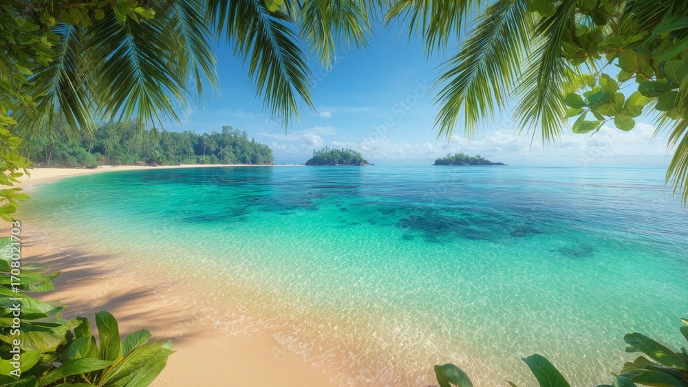 Fototapeta premium Idyllic Tropical Beach with Turquoise Water and Palm Trees