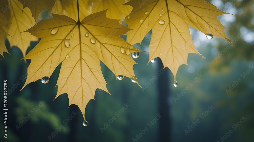 Obraz premium Golden Maple Leaves with Water Droplets in Soft Light