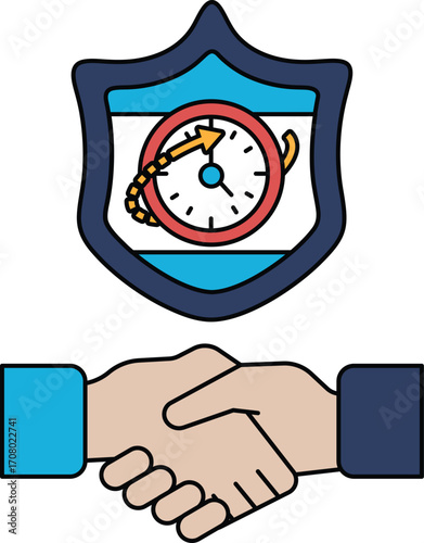 A black and white image of two hands shaking with a clock in the background