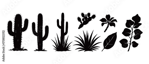 Collection of black vector silhouettes of desert plants, including various types of cactus, aloe, and succulents, ideal for western-themed designs, logos, and illustrations.