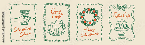 Hand drawn Christmas poster set. Retro vintage New Year doodle illustrations in minimalist line art style with holiday wreath, bows, cake, wine, Christmas duck. Festive coquette vector design fo