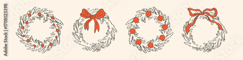 Set of Christmas wreaths. Vector illustration of hand drawn pine and spruce wreaths with festive holiday decorations, red ribbons, berries, traditional xmas and New Year design. Perfect for cards