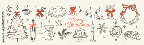 Retro vintage New Year doodle set. Handdrawn charcoal sketches in minimalist grunge style. Festive Christmas and holiday elements for invitations, posters, party decor, and celebration design.