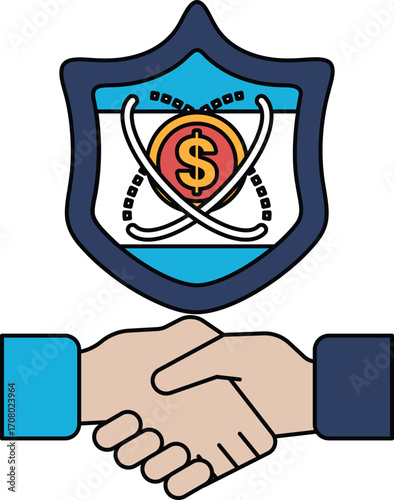 A black and white image of two hands shaking with a dollar sign on the shield