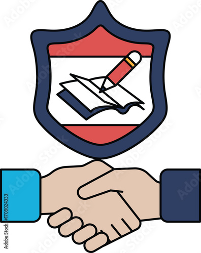 A black and white drawing of two hands shaking hands with a shield behind them