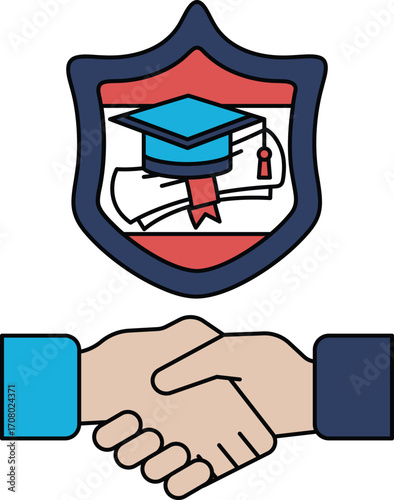 A handshake between two people with a graduation cap