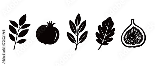 A set of black silhouettes of different fruits and leaves, including a pomegranate and fig, ideal for creating culinary and natural-themed illustrations and logos.