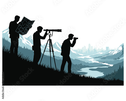 Silhouettes of explorers using binoculars and a map to survey a vast mountain valley landscape