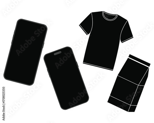 Overhead view of two black smartphones a black t shirt and a black pair of pants on a white background