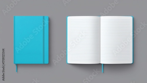 Aqua blue closed and open lined notebooks isolated on white
