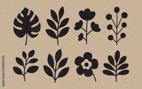 Collection of black botanical silhouettes on a kraft paper background