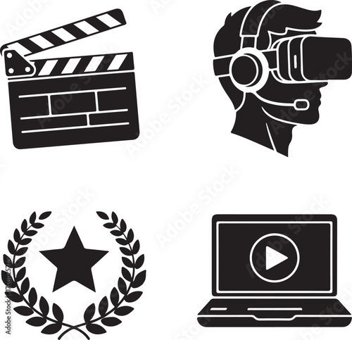 Solid Black Media and Entertainment Icons – Film, VR, Award, Streaming