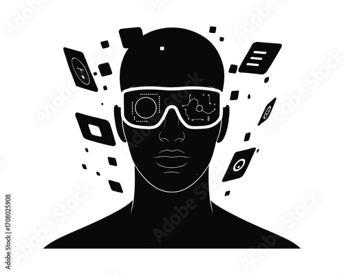 Futuristic silhouette of a person wearing virtual reality goggles surrounded by floating digital elements and abstract shapes