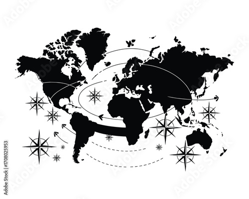 Stylized world map silhouette with compass roses and travel routes illustrating global connectivity and exploration