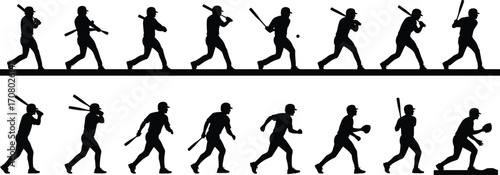 Baseball player silhouettes showing batting, running, catching, and fielding actions in motion sequence, ideal for sports design or training illustrations.