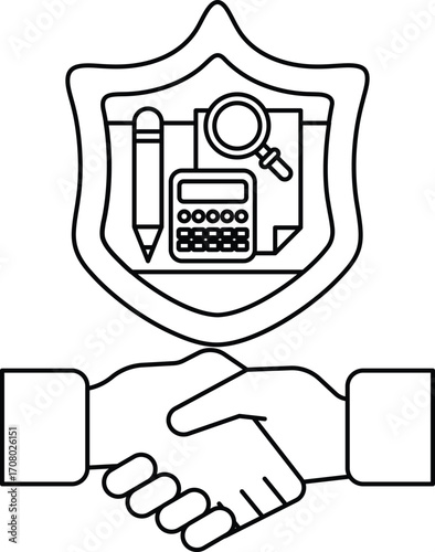 A shield with a pen and calculator on it
