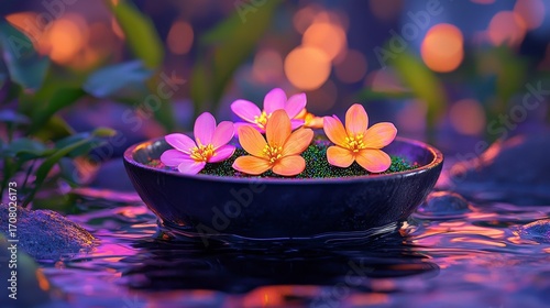 Vibrant Pink and Orange Flowers in Dark Bowl, Soft Warm Lighting, Serene Water Setting
