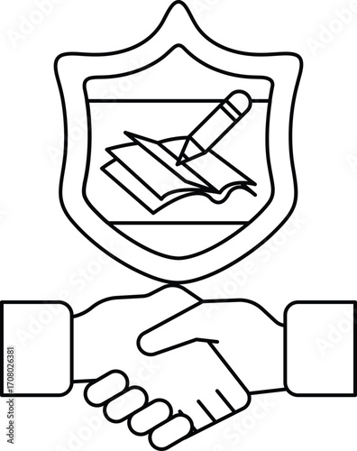 A black and white drawing of two hands shaking hands with a shield behind them