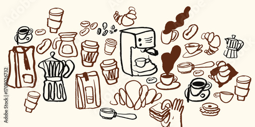 Isolated vector coffee doodle set. Hand drawn cute coffee, food and desserts. Sketch, Breakfast doodle set elements. Menu. Cafe. Black pencil, chalk illustration. Turk, coffee maker. 