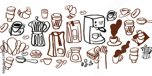 Isolated vector coffee doodle set. Hand drawn cute coffee, food and desserts. Sketch, Breakfast doodle set elements. Menu. Cafe. Black pencil, chalk illustration. Turk, coffee maker. 