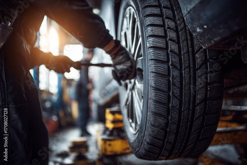 Mechanic working on a car wheel in an auto repair shop, tightening lug nuts on a lifted vehicle while focused on maintenance and tire replacement under workshop lighting.