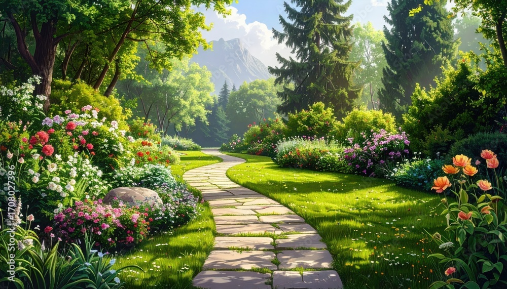 Obraz premium Serene Garden Path Through Lush Greenery with Blooming Flowers in Sunlight