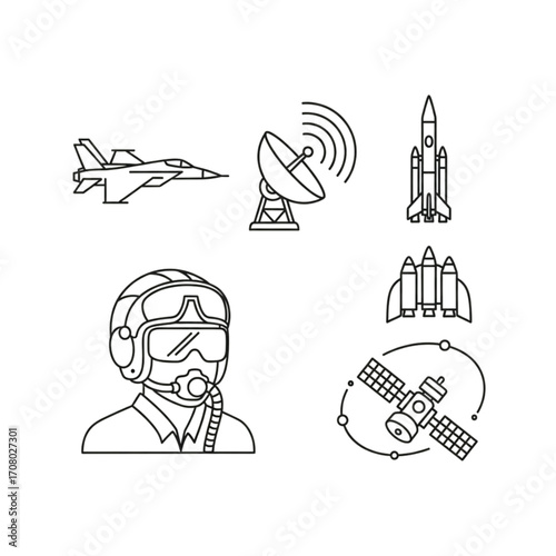 Set of aerospace and aviation line art icons, including a pilot, fighter jet, rocket, satellite dish, and orbiting satellite.