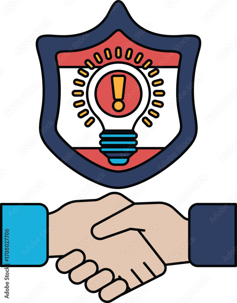 Fototapeta premium A shield with a light bulb on it and two hands shaking