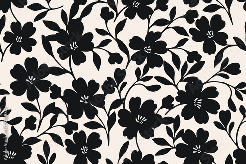 Elegant seamless floral pattern with bold black flowers and leafy branches on light beige background. Perfect for fabric, wallpaper, wrapping, and decor.
