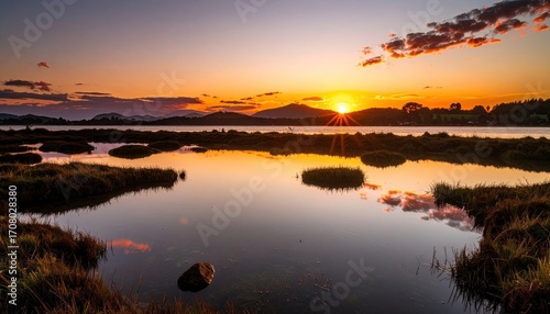 Serene Sunrise Beachscape with Pastel Tones and Reflective Water at Dusk Near Shoreline and Distant City Skyline