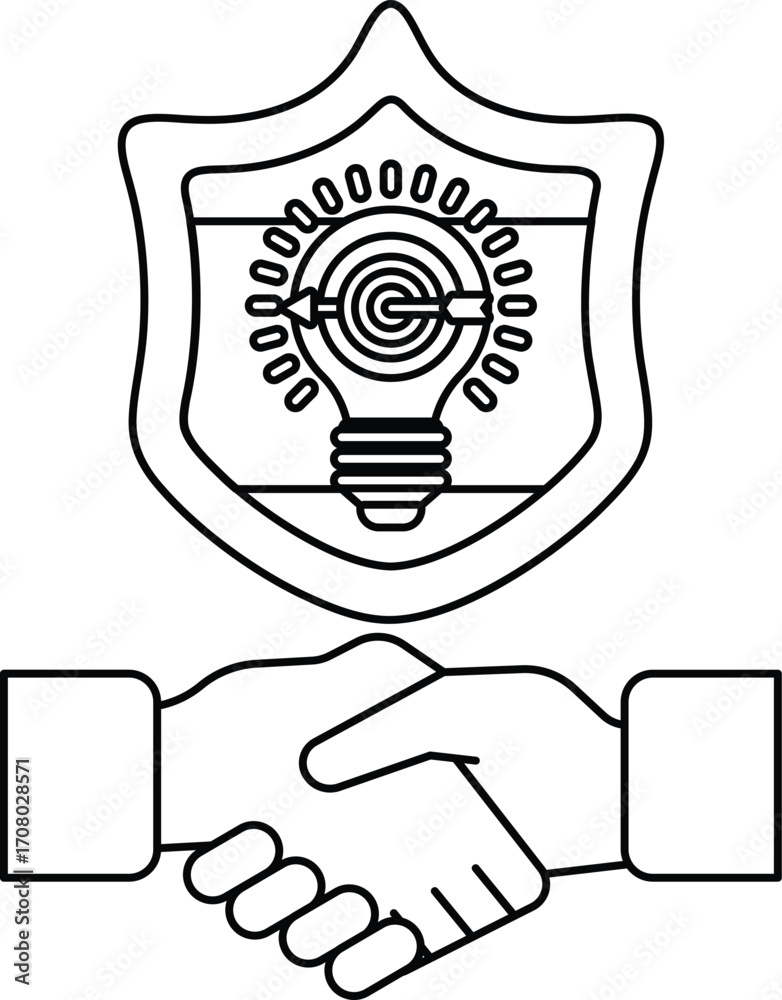 Fototapeta premium A black and white image of two hands shaking with a shield behind them