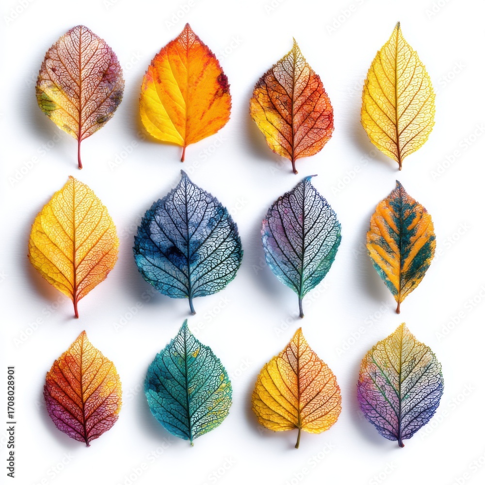 Obraz premium Collection of colorful autumn leaves in various shapes and sizes on a wooden surface