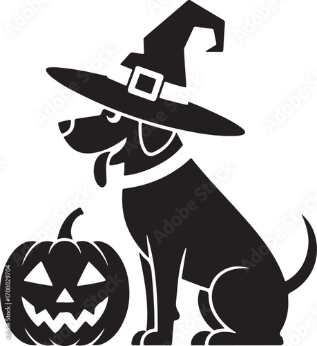 Halloween dog with witch hat pumpkin silhouette vector