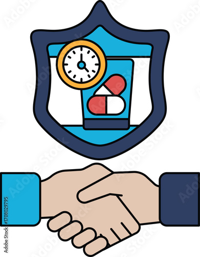 A black and white image of two hands shaking with a clock