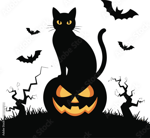 Halloween cat sitting on pumpkin silhouette vector