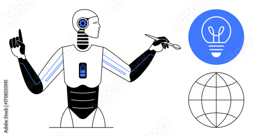 Robot with advanced technology holding stylus, accompanied by light bulb and globe icons. Ideal for technology, AI creativity, global innovation, education, design tools, futuristic ideas, simple