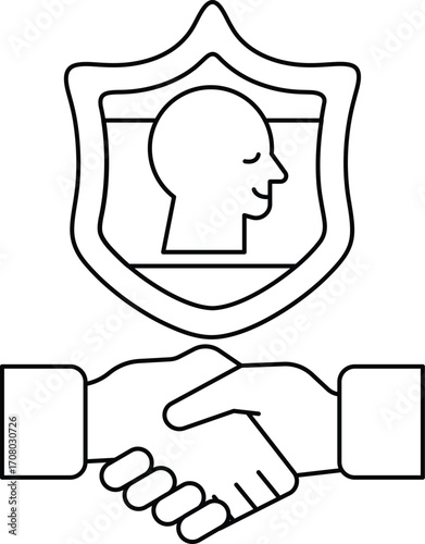 A man and a woman shake hands in front of a shield