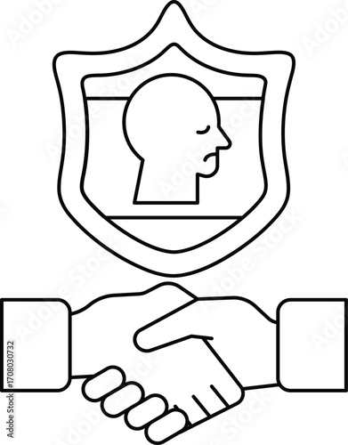 A man and a woman shake hands in front of a shield
