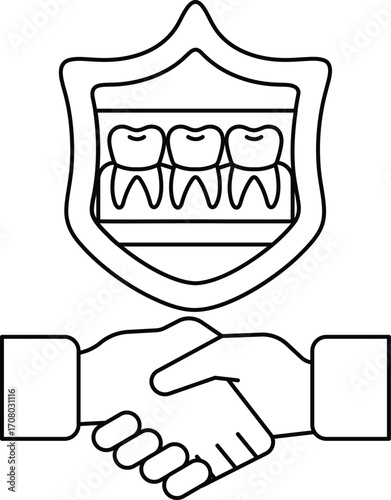 A white and black image of a handshake with a shield behind it